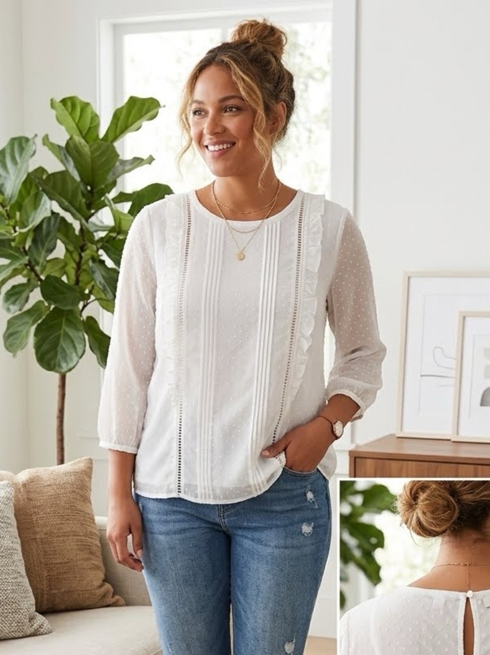 LOFT White Swiss Dot Ruffle-Trim Long-Sleeve Boho Blouse Size M
